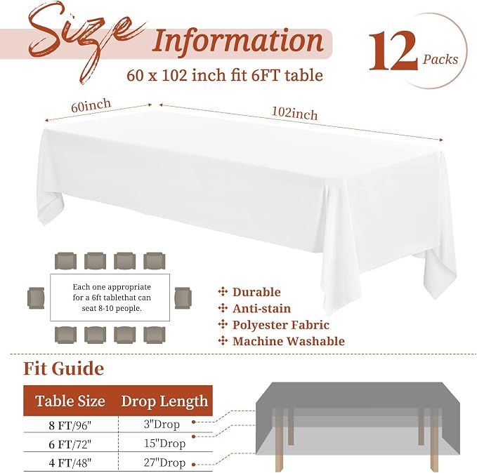 Showgeous 12 Pack White Polyester 60x102 Inch Tablecloths | Soft polyester, wrinkle resistant, fade resistant, smooth finish, fine stitching, folded hems, reusable, machine washable - Image 2