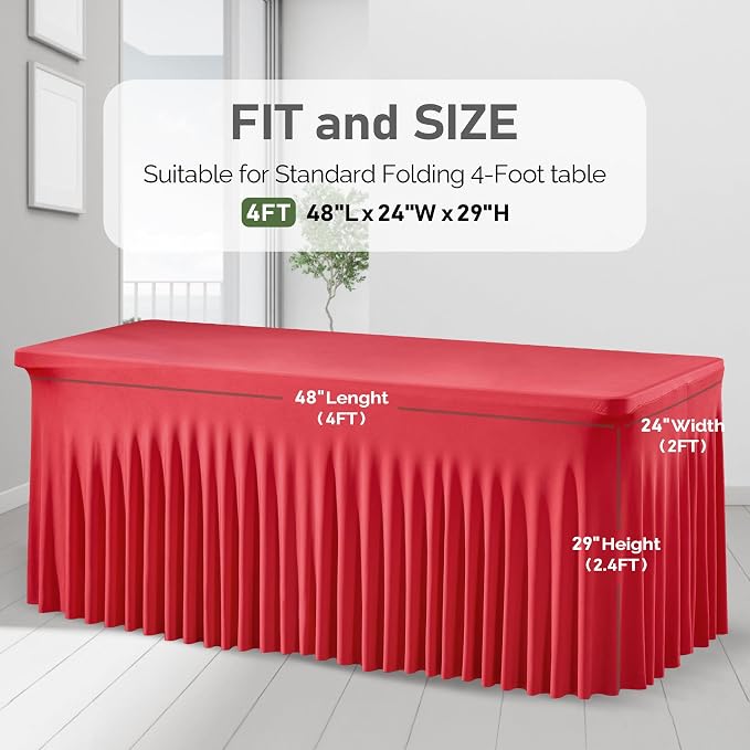 1 Pack Red Table Clothes for 4 Foot Rectangle Tables, Wrinkle Resistant Stretch Spandex Table Covers Fitted Tablecloth with Skirt for Valentines Wedding Birthday Party Event Banquet - Image 7