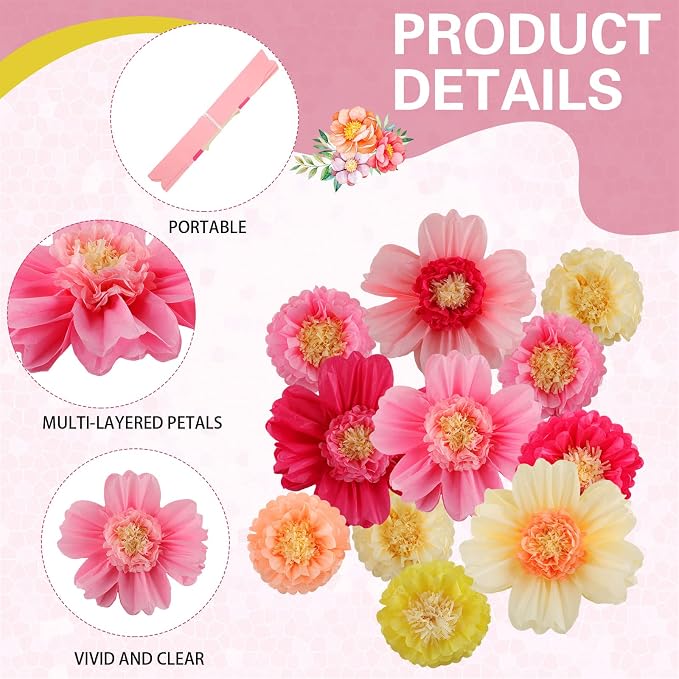 Crowye 12 Pcs Large Tissue Paper Flower Decor,10'' 20'',Fresh Color | Giant Craft Crepe Paper Flower, Colorful, for Wall Decorations Backdrop Mexican Wedding Birthday Carnival School Party - Image 3