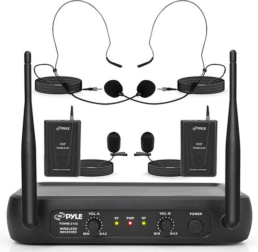 Pyle Dual Channel Wireless Microphone System - VHF Fixed Dual Frequency Wireless Mic Receiver Set with 2 Lavalier, 2 Headset Mics, 2 Transmitter, Receiver - For PA, Karaoke, Dj Party - Pyle PDWM2145