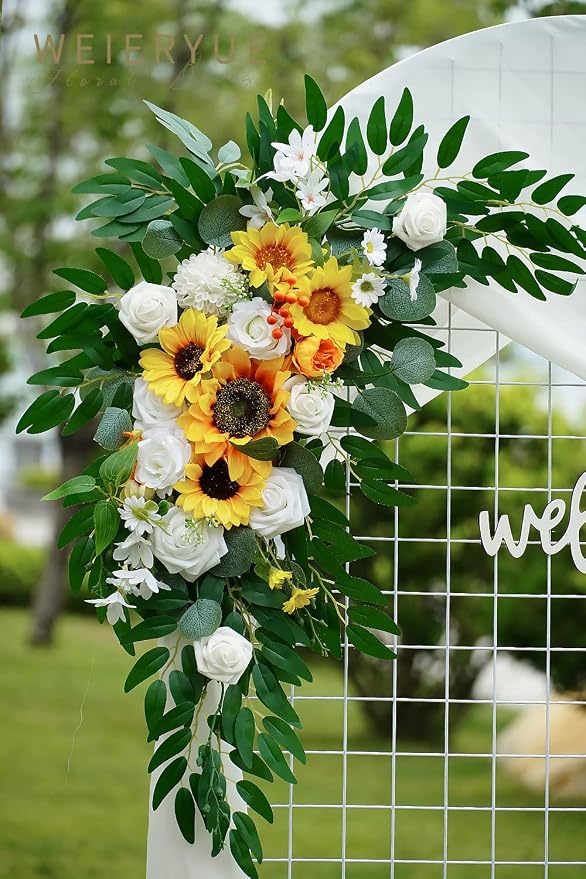 Artificial Wedding Arch Flowers Kit(Pack of 3),2Pcs Artificial Flower Arch Decor,1Pcs Sheer Drape for Wedding Ceremony Arbor for WeddingCeremony (Sunflower Wedding) - Image 5