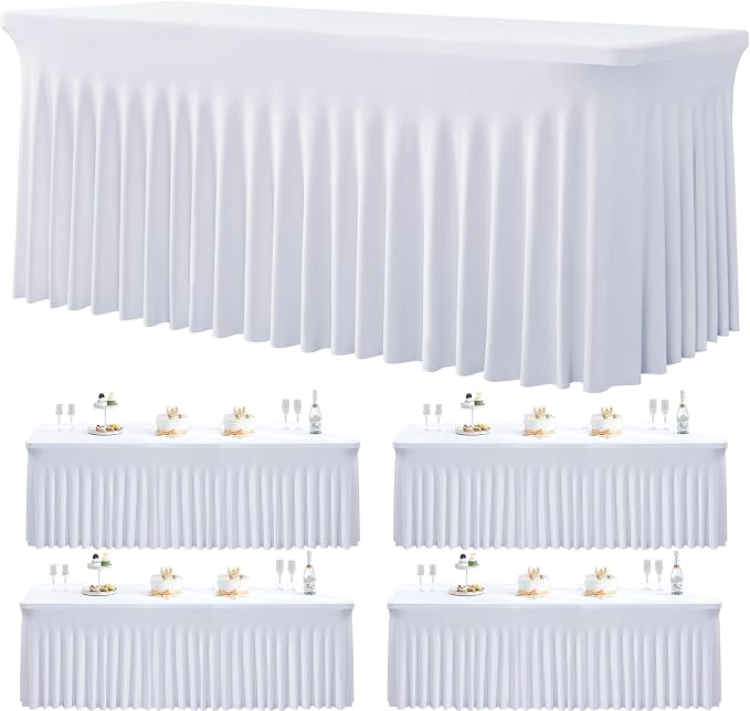 4 Pack White Spandex Tablecloths for 6 Foot Rectangle Tables, Wrinkle Free Stretchy Table Cloths 6ft Fitted Table Cover DeskSkirt for Weddings Birthday Party Banquet Baby Shower by Htper