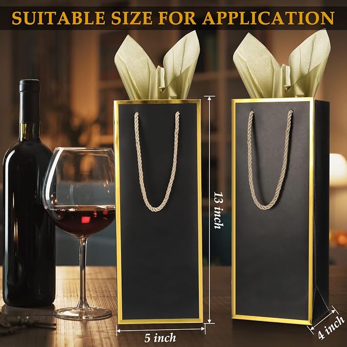 TaoBary 50 Pack Wine Gift Bags, Black Bottle Bags with Handles | Wine Bags for Bottle Bulk 4 x 5 x 13 Inch Champagne Gift Paper Sack with Handles for Appreciation Wedding Party Anniversary - Image 2