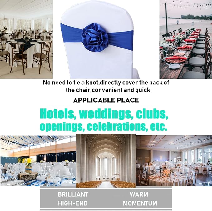 Spandex Stretch Flower Chair Sashes Chair Bands Polyester Bows for Party Hotel Wedding Banquets Decoration （Royal Blue 20 PCS） - Image 3