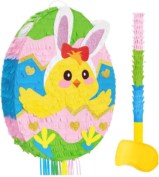 WERNNSAI Easter Egg Piñata - Easter Bunny Piñata with Blindfold and Stick Cute Chick in Egg for Party Decoration Supplies for Birthday Decoration School Spring Party Game