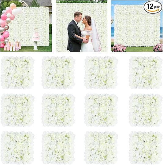 FOTSHARER Flower Wall Backdrop White Artificial Flower Wall Panel 15" x 15" Flower Panels for Backdrop 3D Floral Rose Wall Flower Photo Background Wedding Floral Back drop Wall for Wedding Party Event
