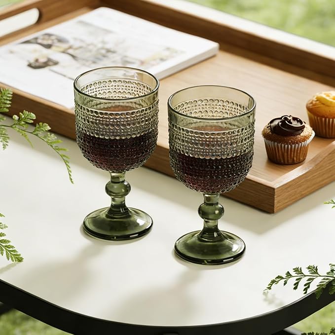 Green Wine Glasses Set of 4, 12oz Vintage Goblet Glasses, Embossed Glass Cups Hobnail Glassware for Weddings, Dinners, and Holiday Gifting