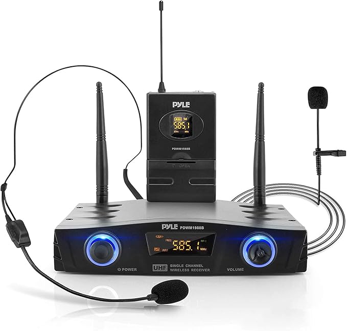 PYLE Compact UHF Wireless Microphone System - Pro Portable 1 Channel Desktop Digital Mic Receiver Set w/ Belt-Pack Transmitter, Receiver, Headset and Lavalier Mics, XLR, For Home, PA PDWM1988B,Black