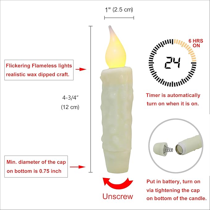 CVHOMEDECO. Real Wax Hand Dipped Battery Operated LED Timer Taper Candles Rustic Primitive Flameless Lights Décor, 4-3/4 Inch, Ivory, 6 PCS in a Package