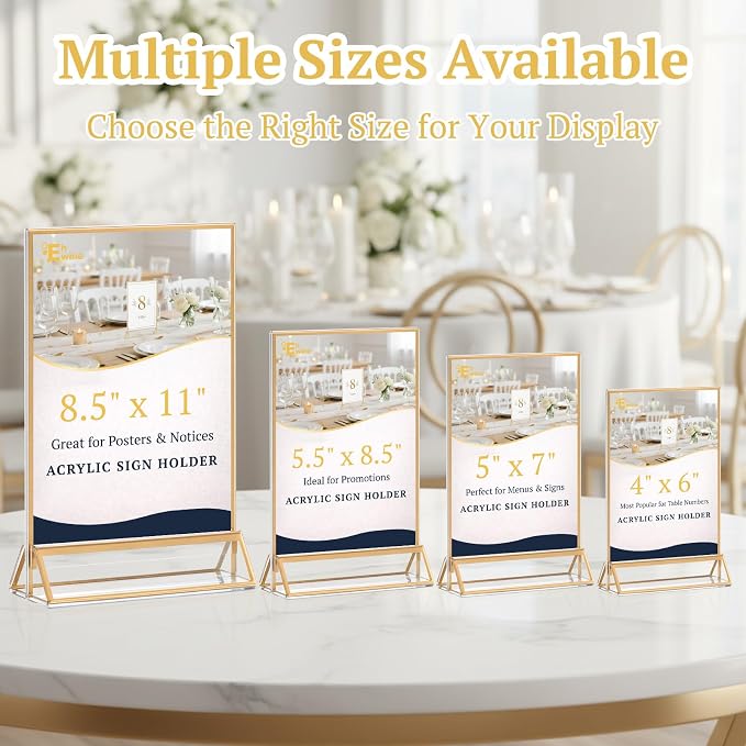 EHWINE 6 Pack Acrylic Sign Holder 5 x 7, Double Sided Gold Picture Frame Stand up Table Top Sign Holders, Clear Display Stand Menu Flyer Holder for Wedding Party - Image 8