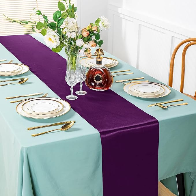 SI Pack of 10 Wedding 12 x 108 inch Satin Table Runner for Wedding, Decorations for Graduations, Engagements, Birthday Parties, Banquets, Runners fit Rectangle, Round Table - Eggplant - Image 2