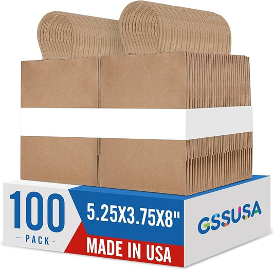 GSSUSA 100 Pack Paper Gift Bags 5.25x3.75x8 Inch Small Brown Paper Bags with Handles Bulk, Brown Kraft Bag for Small Business, Sturdy Grocery Retail Shopping Birthday Party Favor Craft Bag （Made in USA） by GSSUSA