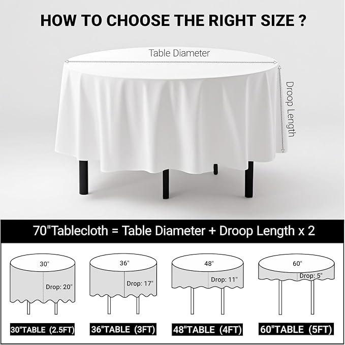 MRJ 70 Inch Round White Tablecloth Stain and Wrinkle Resistant Washable Polyester Table Cloth for Restaurant Hotel Wedding - Image 2