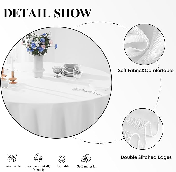 10 Pack White Round Tablecloths 132 Inch for Dining Tables | Washable Decorative Linen Polyester Table Cover for Banquets Buffets Parties and Weddings - Image 5