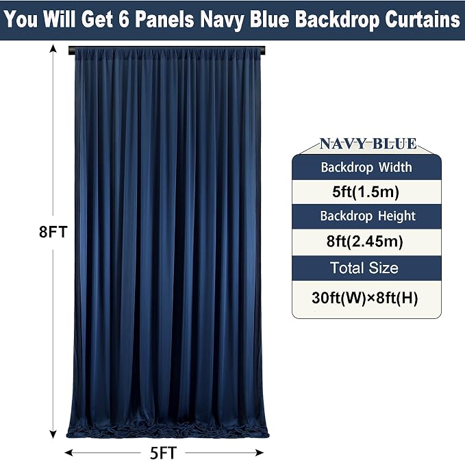 30ft×8ft Wrinkle Free Navy Blue Backdrop Curtains for Parties, 6 Panels 5ft×8ft Thick&Silky Polyester Navy Photo Backdrop Drapes Curtains for Graduation Party Baby Shower Birthday Wedding Photography - Image 5