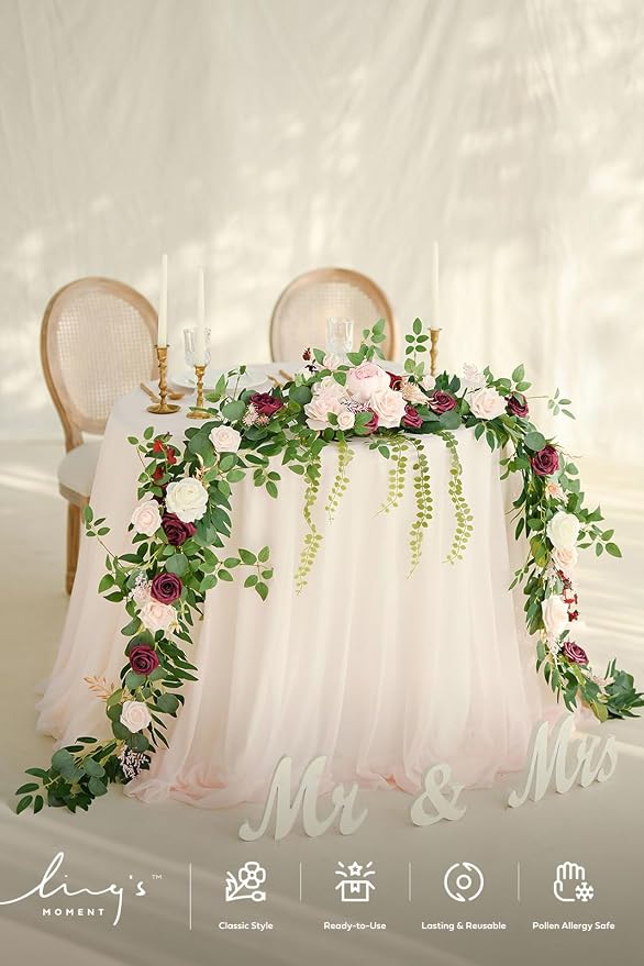 Ling's moment Burgundy Eucalyptus Flower Garland Wedding Arch 9 FT | Blush Rose & Eucalyptus, Greenery, Sweetheart Table Decor, Marsala Floral Garland for Mantle, Centerpieces, Backdrop - Image 6
