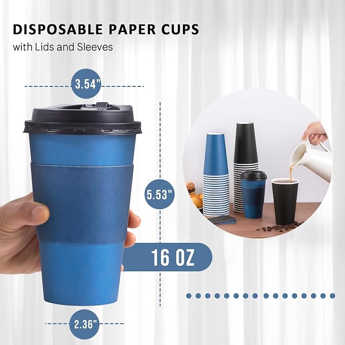 SIUQ 100 Pack 16 oz Coffee Cups with Lids, Disposable Hot Paper Coffee Cups | Black & Blue To Go Paper Cups with Lids and Sleeves for Thanksgiving, Party, Home, Shop, Office, Christmas, Travel and Events - Image 3