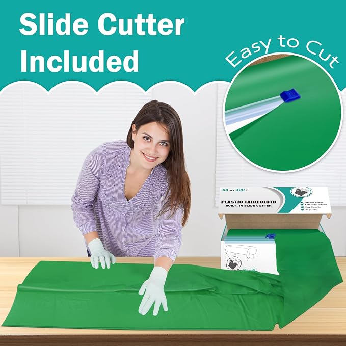 54 Inch x 300 Feet Green Plastic Tablecloth Roll Disposable Table Cloth with Cutter Box Plastic Table Cover for Party - Image 3