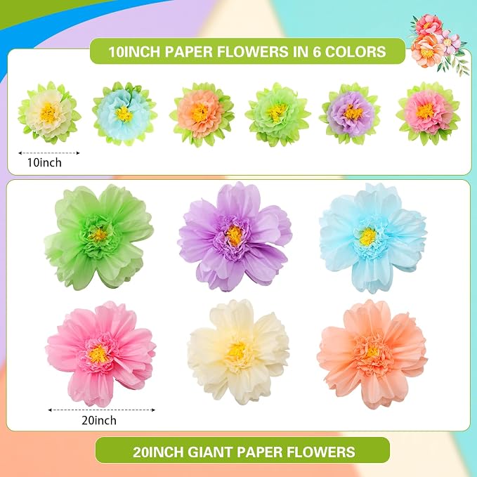 TaoBary Giant Tissue Paper Flowers, 20",10", Pastel Color, 24 Pcs | Complete 2 Size Set, Pre-folded for Easy Shaping, Mexican Paper Pom Poms, Lightweight for Fiesta and Birthday Wall Decor - Image 2