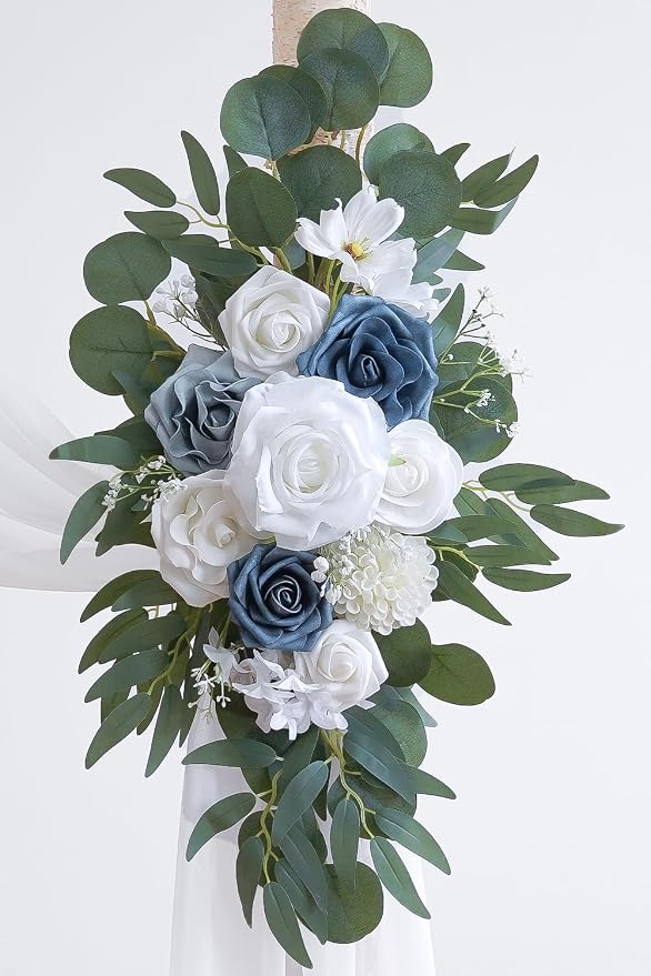 Olalaka Dusty Blue Artificial Wedding Arch Flowers Kit (Pack of 3) with 26Ft White Shiny Arch Draping Fabric for DIY Wedding Party Ceremony Reception Backdrop Floral Decoration - Image 6