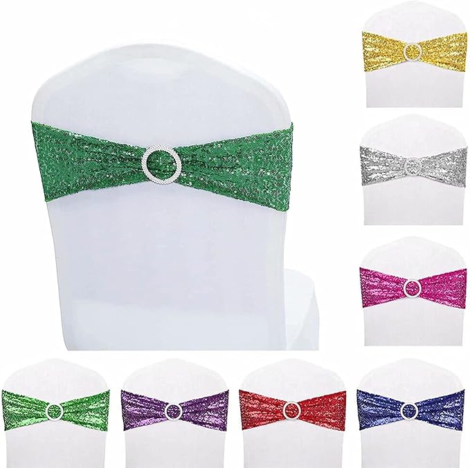 NC Sequin Chair Sashes Spandex, Pack of 6 Sequin Stretch with Buckle Chair Bands for Wedding Banquet Birthday Graduation Party St.Patrick's Day Chair Decorations (Green, 6pcs) - Image 4