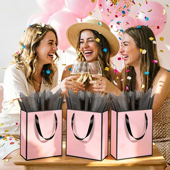 Epoesch 12 Pack Gift Bags with Handles & 12 Tissue Papers – 8x5x10 Inches | Pink with Black Edge for Birthday Parties, Weddings, Baby Showers, Holidays, Christmas, Thank You & Welcome Gifts - Image 6