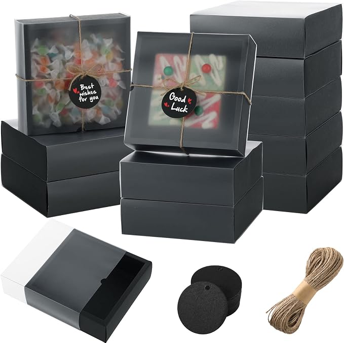 Roowest 50 Sets Kraft Homemade Gift Box Bundle with Blank Tags and Jute String (101 Items) for Jewelry Candy Wrapping Party Favor(6.5 x 6.5 x 2 Inch,Black) by Roowest