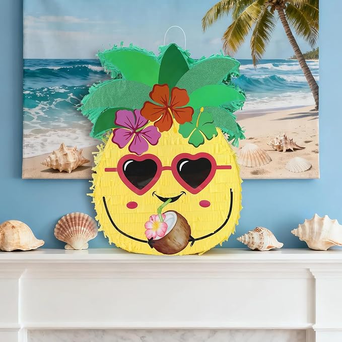 Pineapple Pinatas Bundle with a Blindfold and Bat (15.4x13x4 Inches), Perfect for Summer Beach Theme Birthday Party Supplies, Hawaiian Tropical Fruit Party Decoration Games
