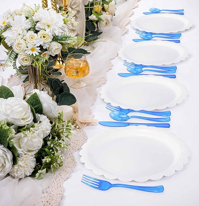 HEIPINIUYE 75 Pack Royal Blue Clear Plastic Cutlery Heavy Duty Clear Blue Plastic Knives Forks and Spoons Disposable Silverware Set for 25 Guest Camping Birthday Baby Shower Party Utensil Set