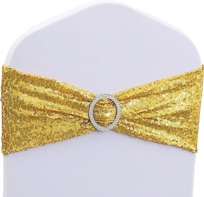 Sequin Gold Chair Sashes 50 Pack Glitter Gold Chair Bows Bands with Buckle for Wedding Birthday Party Bridal Shower Anniversary Engagement Christmas Events Decorations by WENSINL