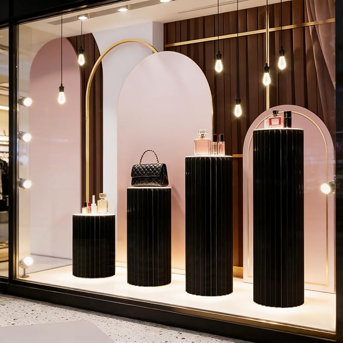 4Pack Cylinder Stands for Party, Foldable Cardboard Columns with 4 Clear Round Top Plates, Cake Display Pedestal Stand for Wedding Banquet Vendor Events Decorative (Black)