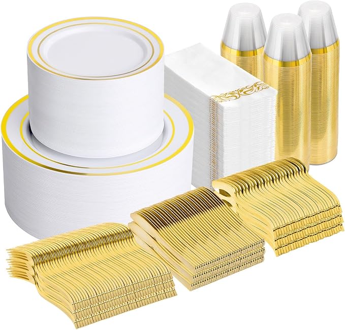 Goodluck 875 Piece Gold Dinnerware Set for 125 Guests, Bulk Dinnerware | Include: 125 Gold Rim Dinner Plates, 125 Dessert Plates, 125 Paper Napkins, 125 Cups, 125 Plastic Silverware Sets for Party by GoodLuck