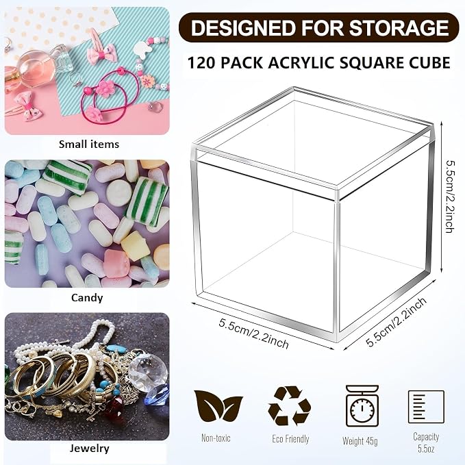 Tuanse 120 Pcs Clear Acrylic Box with Lid Square Mini Candy Containers | Mini Acrylic Display for Jewelry, Pills, Toys, Party Favors, 2.2 Inch Cube Design, Ideal for Gifts and Organizing Items - Image 2