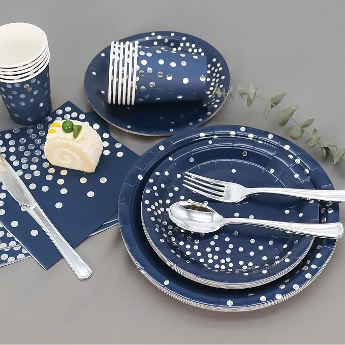 168Pcs Navy Blue Plates and Napkins Party Supplies, Navy Blue Paper Plates Serve 24, blue and Silver Party Decorations, for Fathers Day, Graduation, 4th of July, Hanukkah Party (Pack of 2) - Image 4