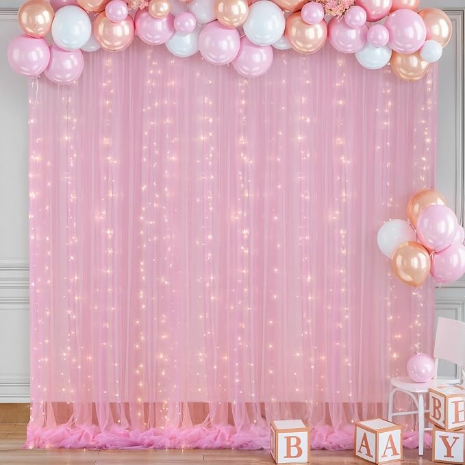 20ft x 8ft Pink Backdrop Curtain with Lights String for Parties, Sheer Tulle Wedding Photo Backdrops Drapes for Baby Shower Birthday Party Decorations Background for Photography - Image 2