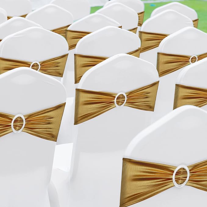CHENGU 150 Pcs Glossy Gold Chair Sashes with Buckle, Stretch Bands - Image 4
