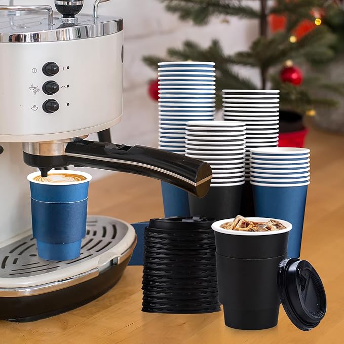 SIUQ 100 Pack 12 oz Coffee Cups with Lids, Disposable Hot Paper Coffee Cups | Black & Blue To Go Paper Cups with Lids and Sleeves for Thanksgiving, Party, Home, Shop, Office, Christmas, Travel and Events - Image 3