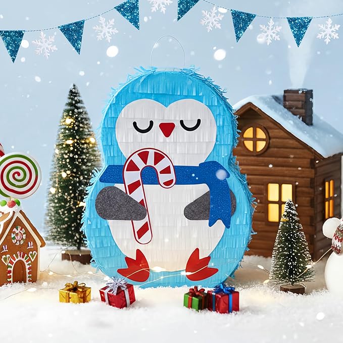 Cute Penguin Pinatas Bundle with a Blindfold and Bat (Small Size 16.5x12x4 Inches), Perfect for Winter boys and girls Birthday Party Supplies, Christmas Party Decoration Games for Kids Party
