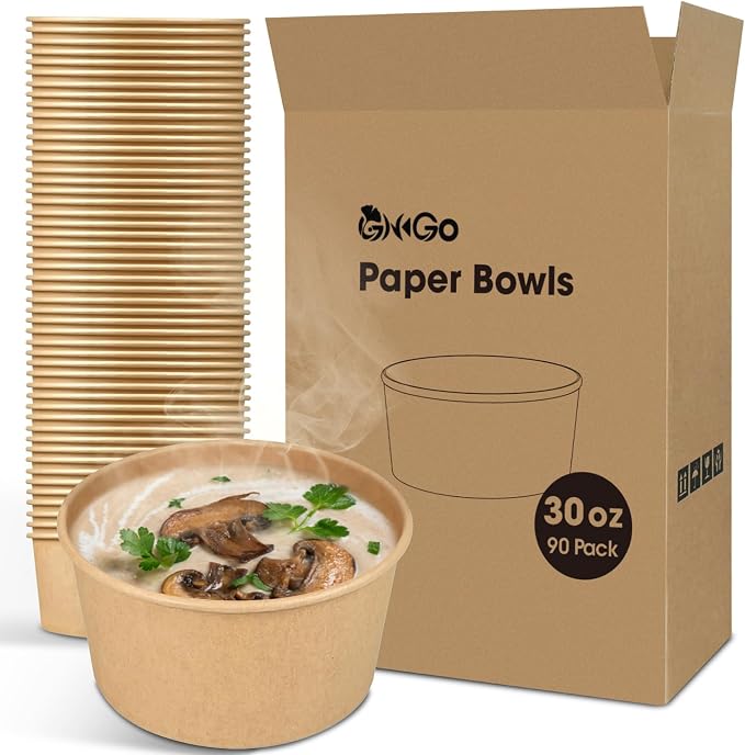 Ginkgo 90 Count 30 oz Extra Large Disposable Paper Bowls | Leak Proof, Heavy Duty Hot Soup Bowls Bulk for Ice Cream, Hot Soup, Salads, Dessert, Cereals, Cat and Dog Pet Bowls by HOME