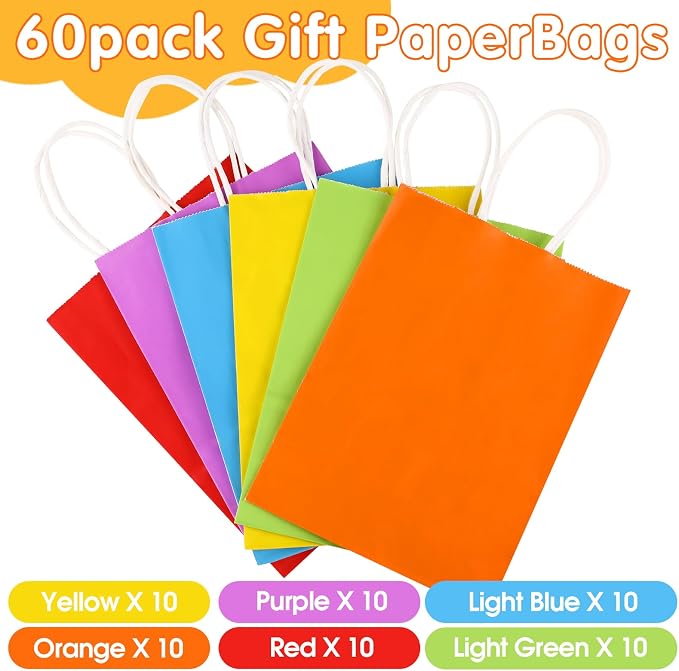 XPCARE 60Pcs Paper Gift Bags 6.3x3.15x8.66'' Kraft Paper Party Favor Bags | Bulk Rainbow Goodie Bags Small Gift Bags with Handles for Kids Birthday Baby Shower Crafts Wedding Party Supplies - Image 2