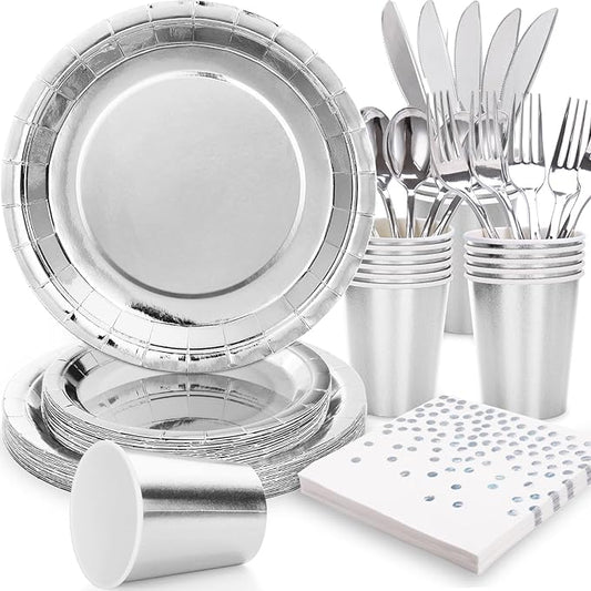 Silver Plates Party Supplies Disposable Dinnerware Set,168pcs Silver Paper Plates and Napkins for Graduation Holiday Disco Birthday Party Decorations Serves 24 by Gudvilla
