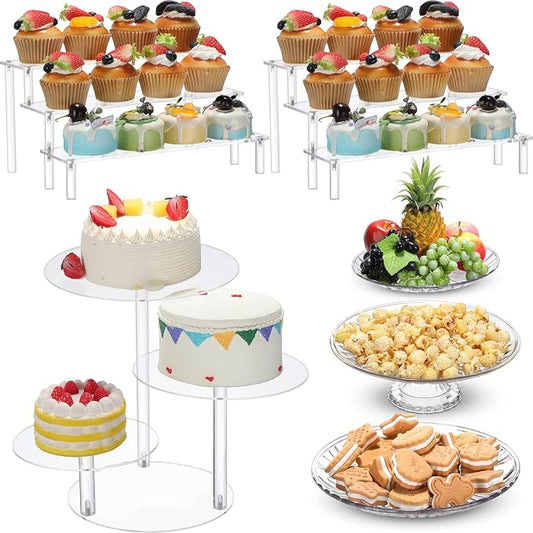6 Pcs Acrylic Dessert Stands Set Include Display Risers Cupcake Tower and Clear Round Dessert Trays Cake Table Holder for Wedding Baby Shower Decoration(Vintage Style) by RimCereal