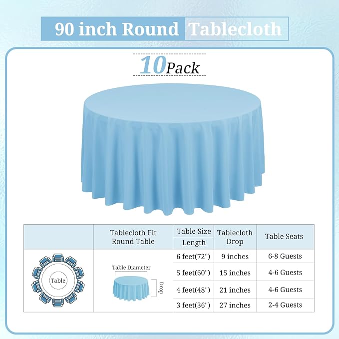 10 Packs 90 Inch Light Blue Round Polyester Tablecloths | Table Cover for Round Tables, Stain and Wrinkle Resistant Washable Table Cloth, Perfect for Wedding Banquet Parties - Image 2