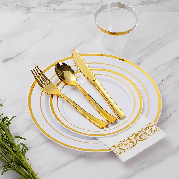 Goodluck 875 Piece Gold Dinnerware Set for 125 Guests, Bulk Dinnerware | Include: 125 Gold Rim Dinner Plates, 125 Dessert Plates, 125 Paper Napkins, 125 Cups, 125 Plastic Silverware Sets for Party - Image 5