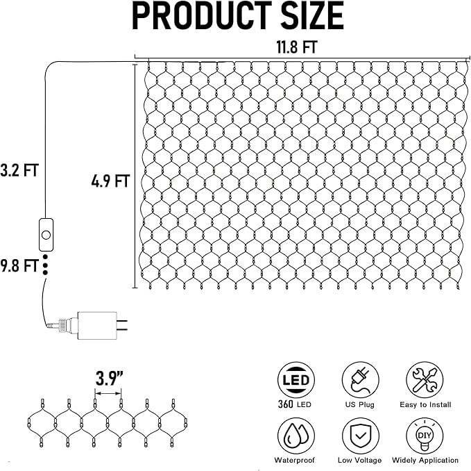 Dazzle Bright Smart Christmas 360 LED Net Lights, 12FT x 5FT RGB Color Changing String Lights Clear Wire with Remote & APP Control, Christmas Decoration for Indoor Outdoor Xmas Party Yard Garden Decor