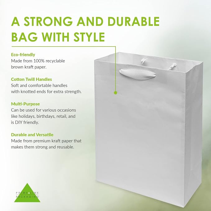 Prime Line Packaging White Gift Bags, Kraft Shopping Bags with Handles for Holidays, Weddings, Birthdays, Baby Showers, Christening, Bulk, 10x5x13, 50 Pack - Image 2