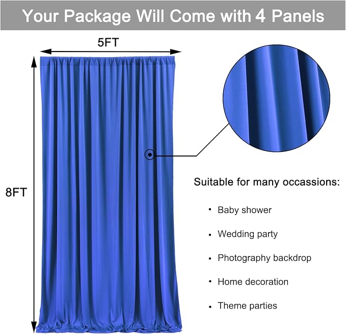 Outpain 20 ft x 8 ft Royal Blue Backdrop Curtain Panels, 4 Panels 5 ft x 8 ft Wrinkle Free Polyester Photography Backdrop Drapes, Wedding Party Home Decoration Supplies - Image 6