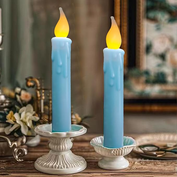 LINCOUNTRY.Primitive Wax Blue Battery Operated Taper Candles Flickering Flameless Taper Candles with Timer,Dripped Led 6.75 inch Candlesticks for Christmas Halloween Home Party Decor,2 pcs
