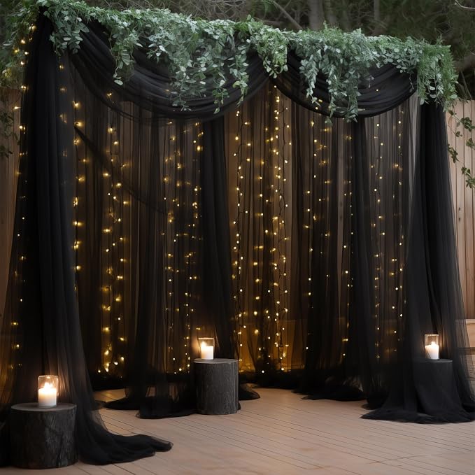 30ft x 8ft Black Backdrop Curtain Panels with Lights String for Parties, Sheer Tulle Wedding Backdrop Drapes for Baby Shower Birthday Party Home Decorations - Image 7