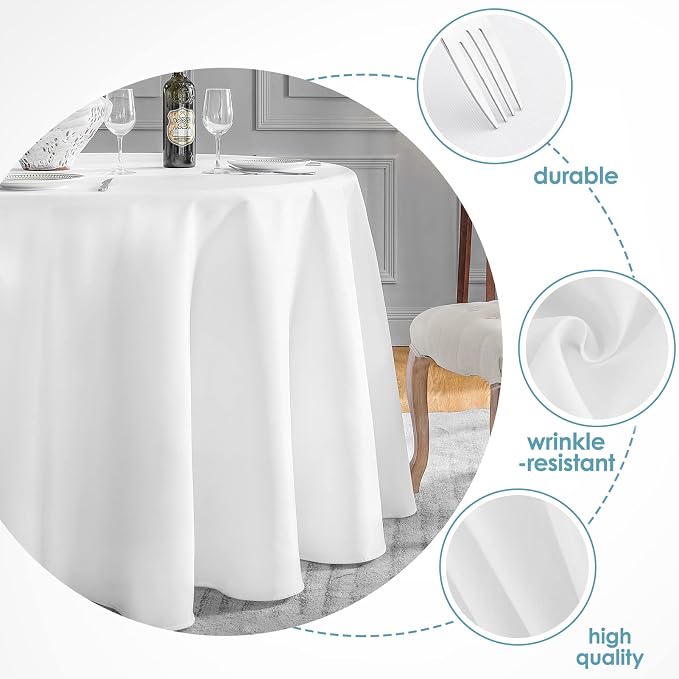 VidaFete Round Tablecloth 132inch 6 Pack Polyester Table Cloth, White | Stain and Wrinkle Resistant Polyester Dining Table Cover for Kitchen Dining Party Wedding Tabletop Buffet Decoration - Image 3
